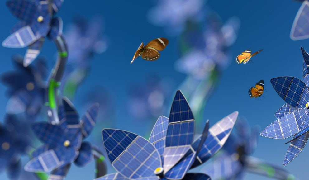 Das blau gehaltene Foto im Querformat zeigt Blumen aus Solarzellen. Darüber drei Schmetterlinge.