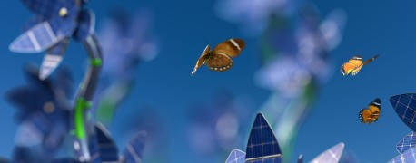 Die fotorealistische Illustration zeigt Schmetterlinge über Blumen aus Solarzellen.